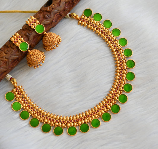 Matte finish red-green round Kerala style necklace set dj-41598