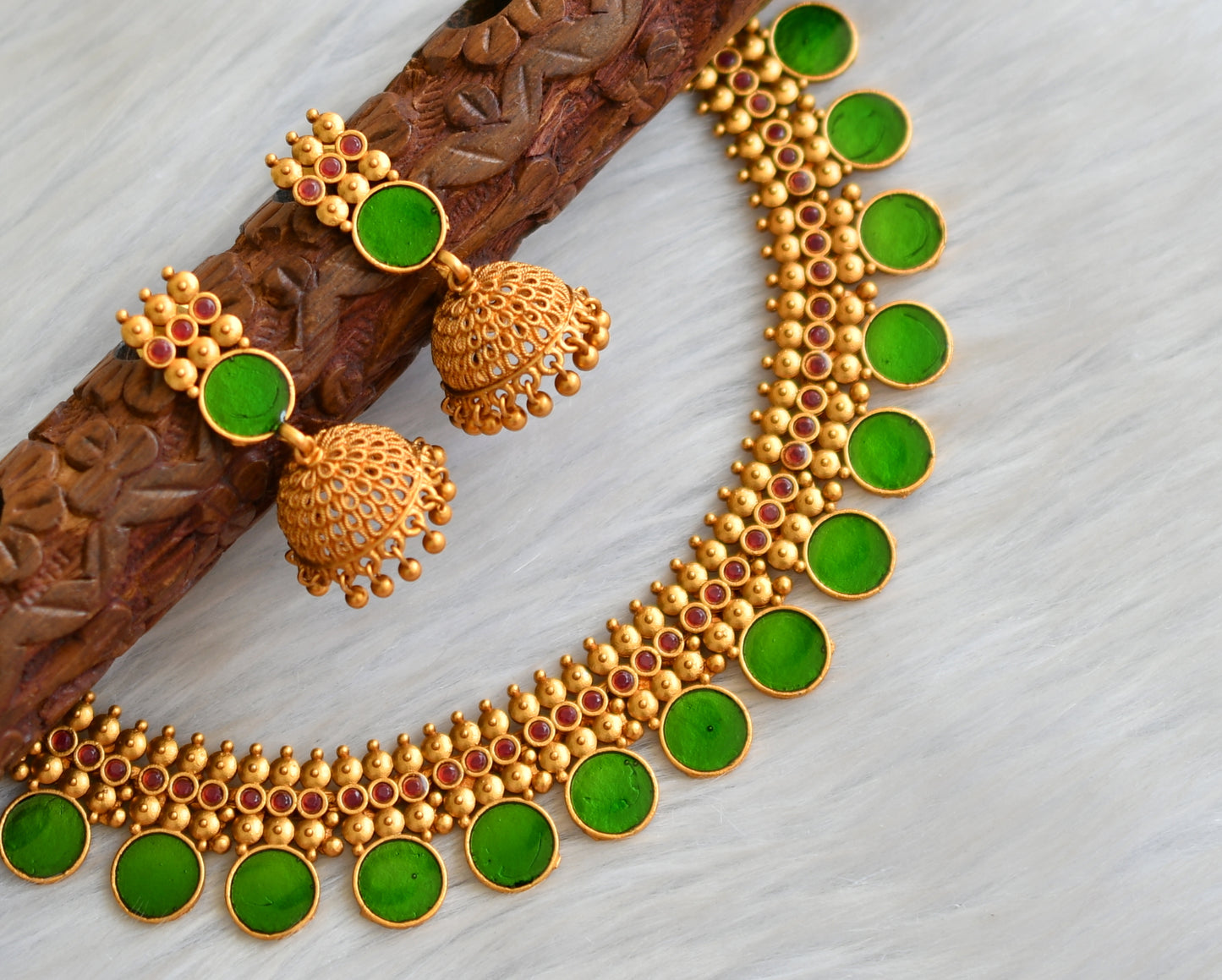 Matte finish red-green round Kerala style necklace set dj-41598