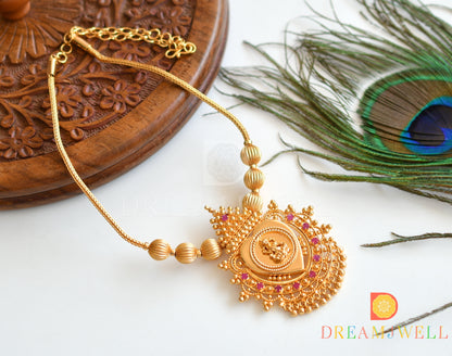 Gold tone pink stone heart-Lakshmi Kerala style necklace dj-36485