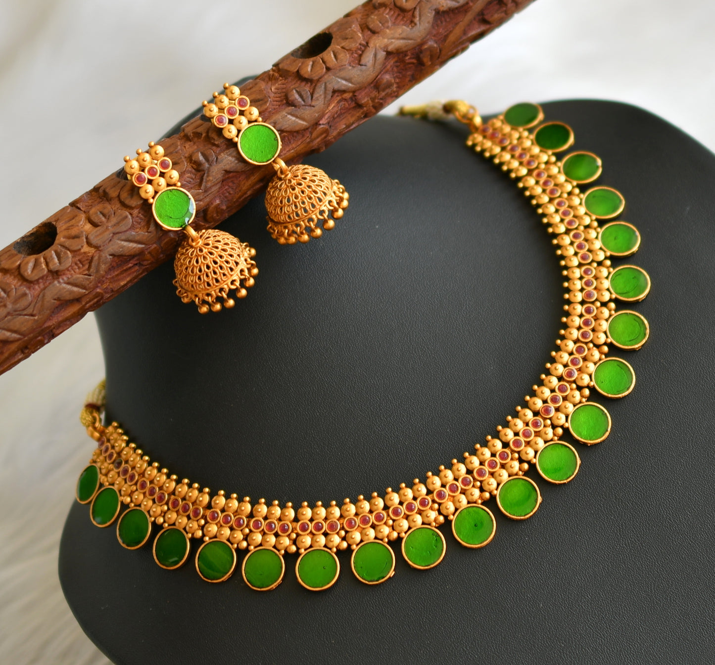 Matte finish red-green round Kerala style necklace set dj-41598