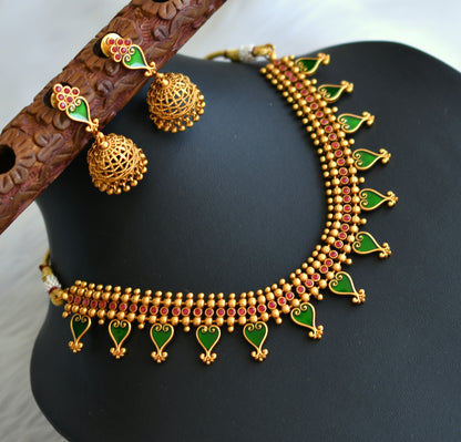 Matte finish red-green palakka Kerala style necklace set dj-41602