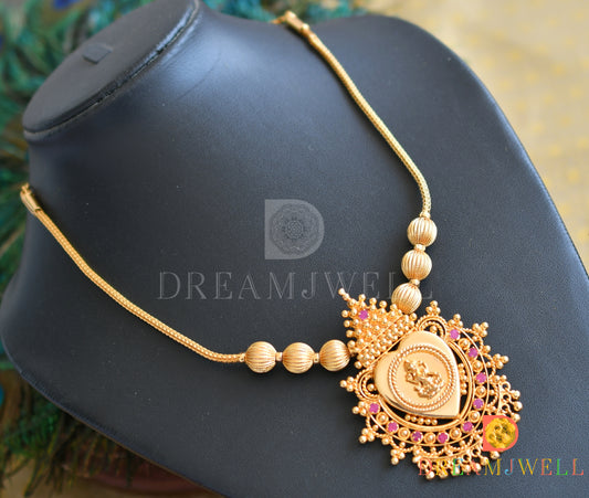 Gold tone pink stone heart-Lakshmi Kerala style necklace dj-36485