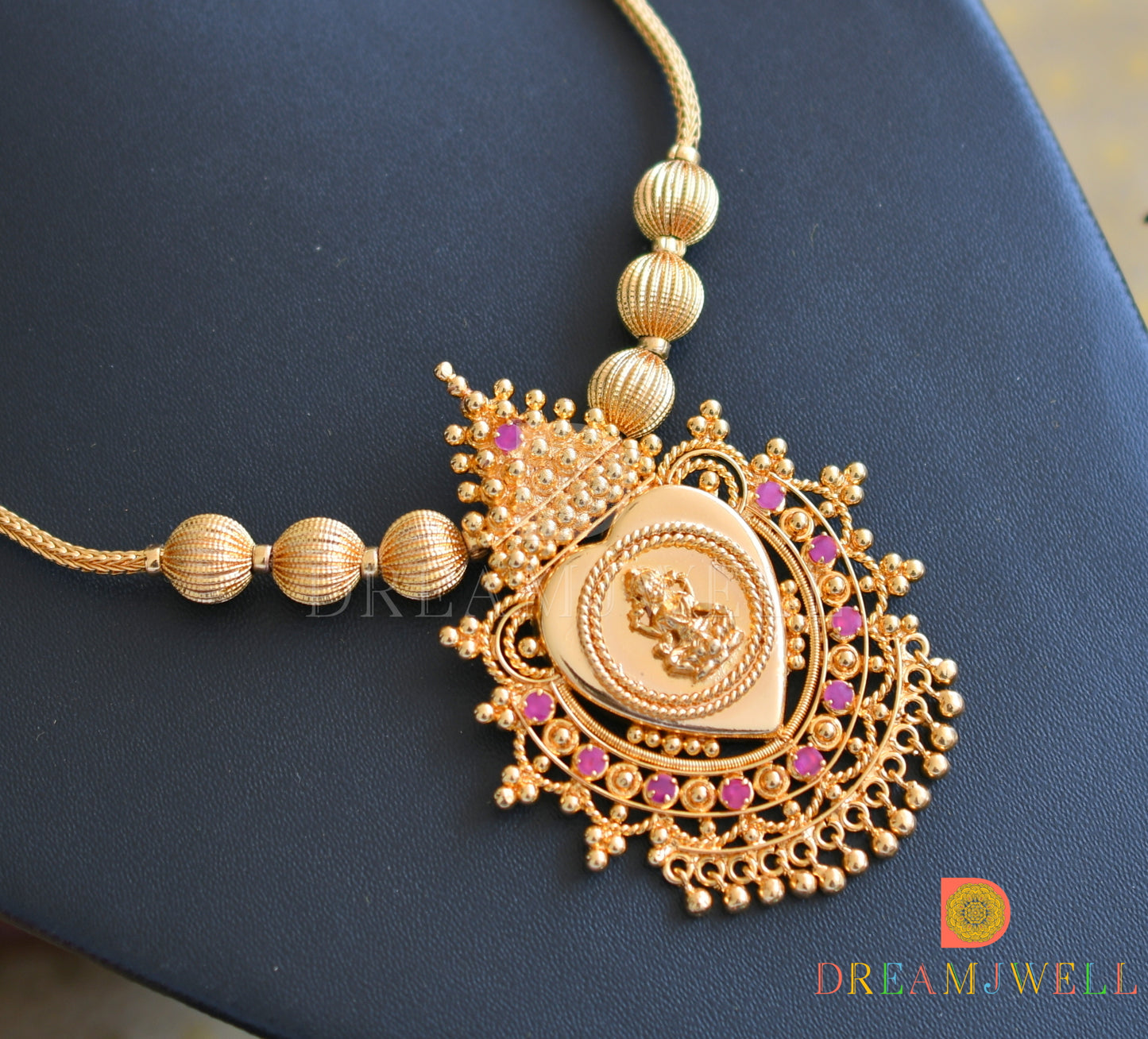 Gold tone pink stone heart-Lakshmi Kerala style necklace dj-36485