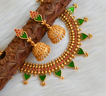 Matte finish red-green palakka Kerala style necklace set dj-41602