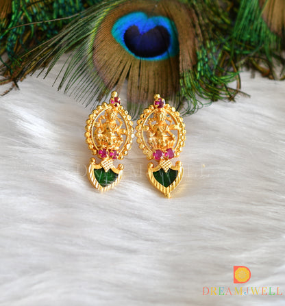 Gold tone pink-green round palakka Kerala style Lakshmi stud/earrings dj-38052