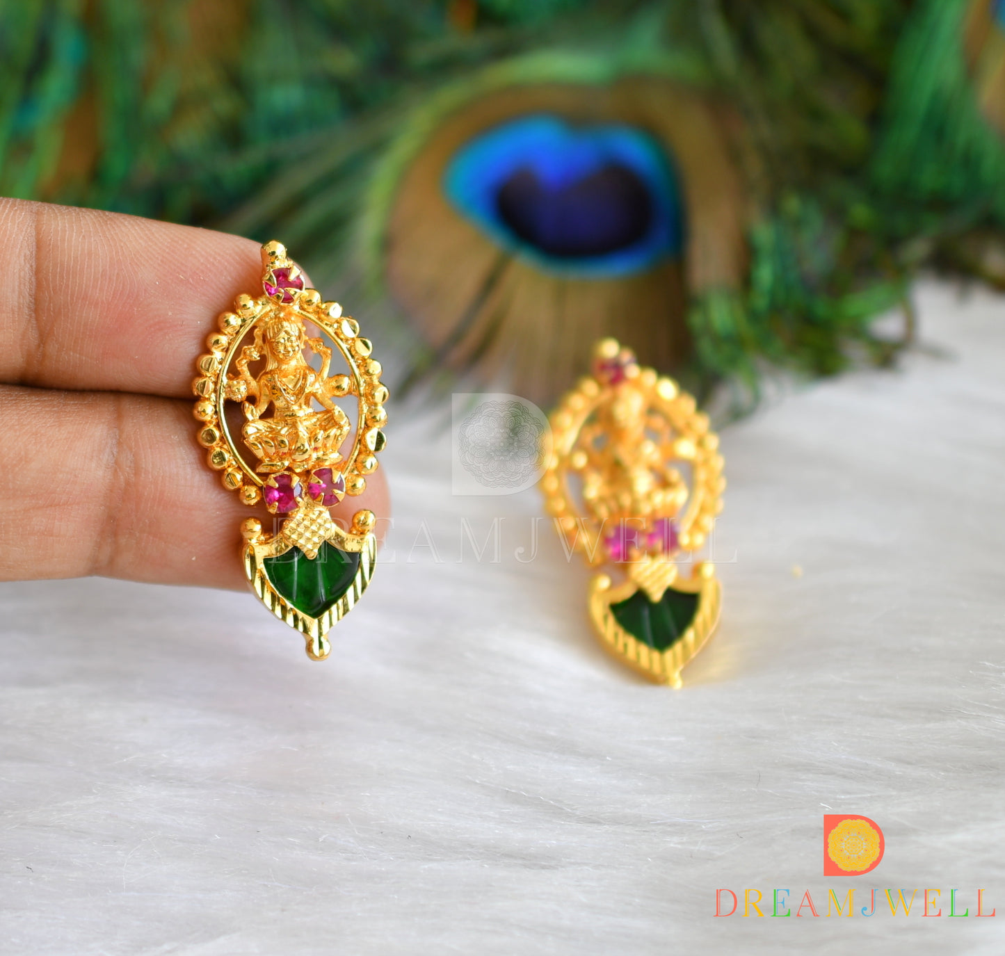 Gold tone pink-green round palakka Kerala style Lakshmi stud/earrings dj-38052