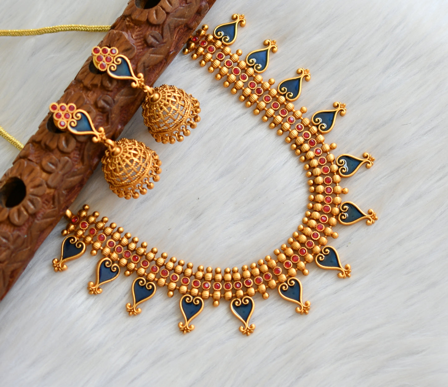 Matte finish red-blue palakka Kerala style necklace set dj-41603