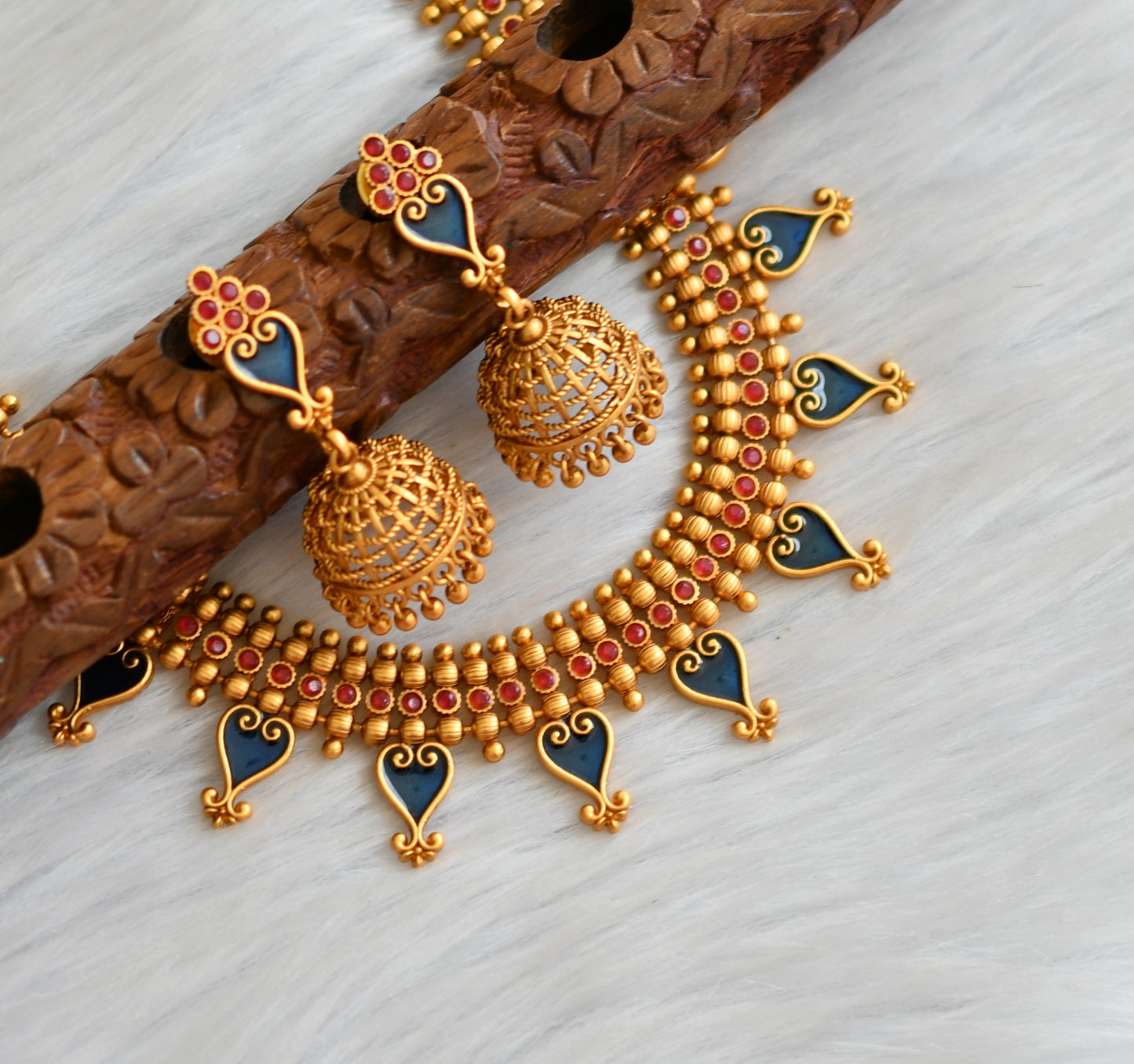 Matte finish red-blue palakka Kerala style necklace set dj-41603