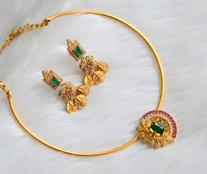 Matte finish ruby-emerald-white Lakshmi coin hasli necklace set dj-39585