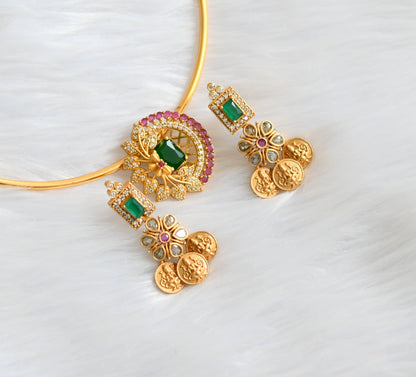 Matte finish ruby-emerald-white Lakshmi coin hasli necklace set dj-39585