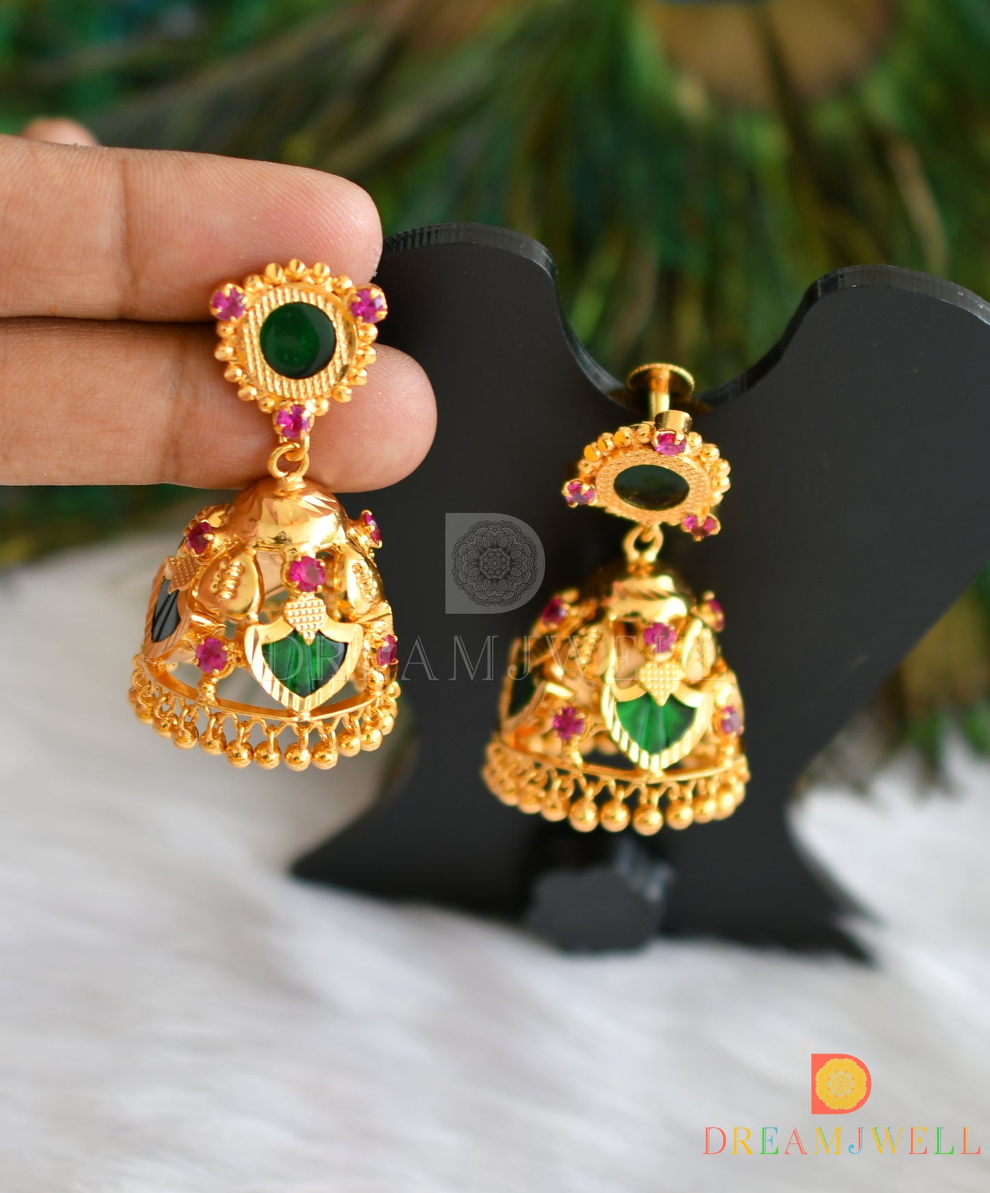 Gold tone pink-green Palakka kerala style 4 petal jhumkka dj-38036