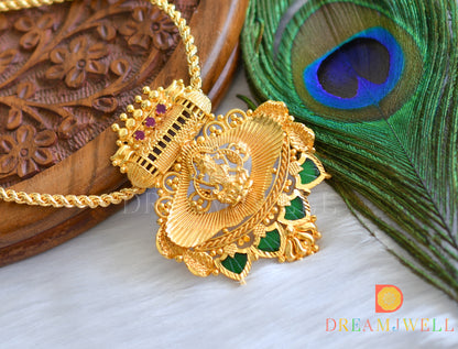 Gold tone pink-green palakka Lakshmi Kerala style pendant with chain dj-38060