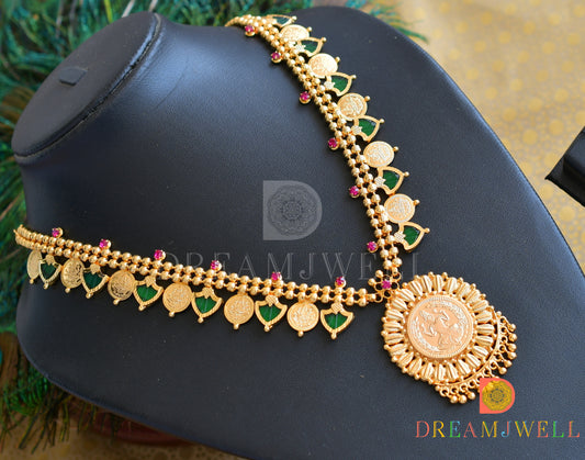 Gold tone Palakka green-pink Lakshmi coin Kerala style Necklace dj-36490