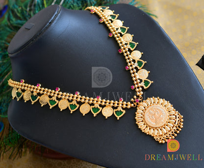 Gold tone Palakka green-pink Lakshmi coin Kerala style Necklace dj-36490