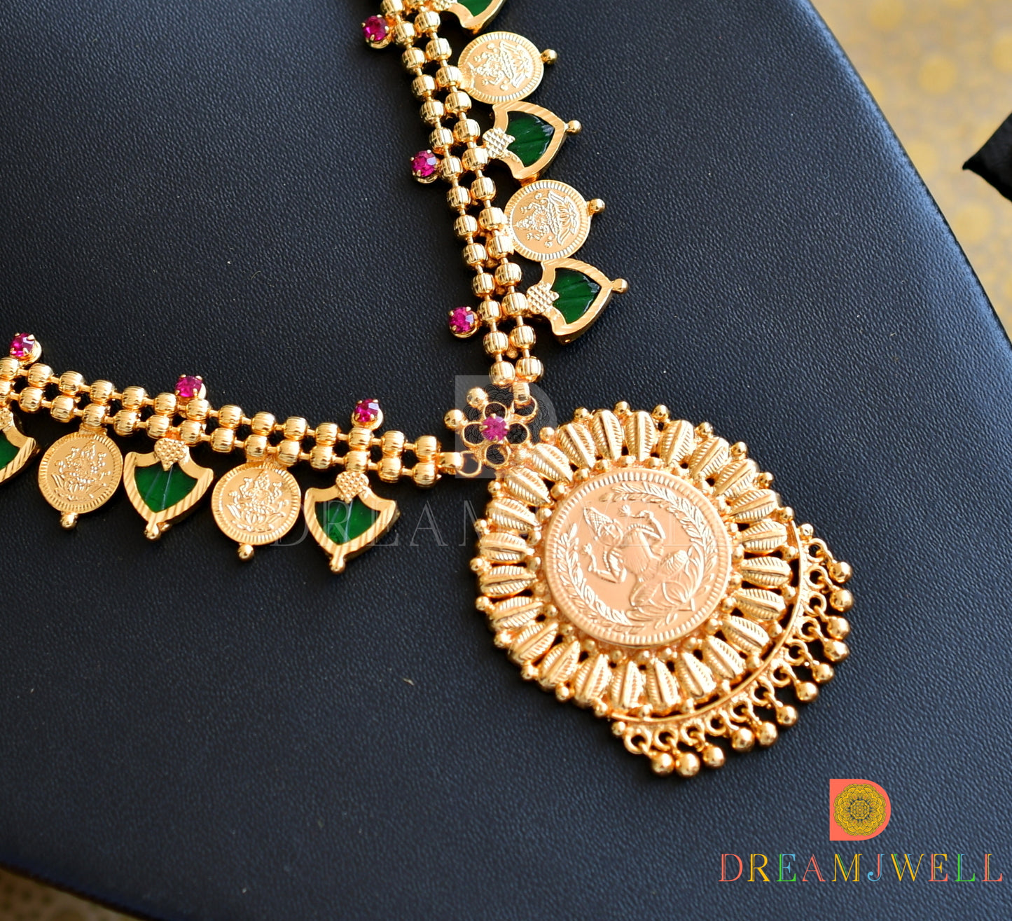 Gold tone Palakka green-pink Lakshmi coin Kerala style Necklace dj-36490