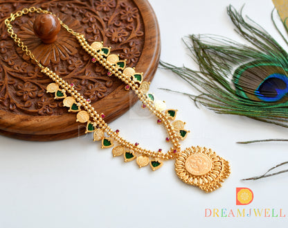 Gold tone Palakka green-pink Lakshmi coin Kerala style Necklace dj-36490