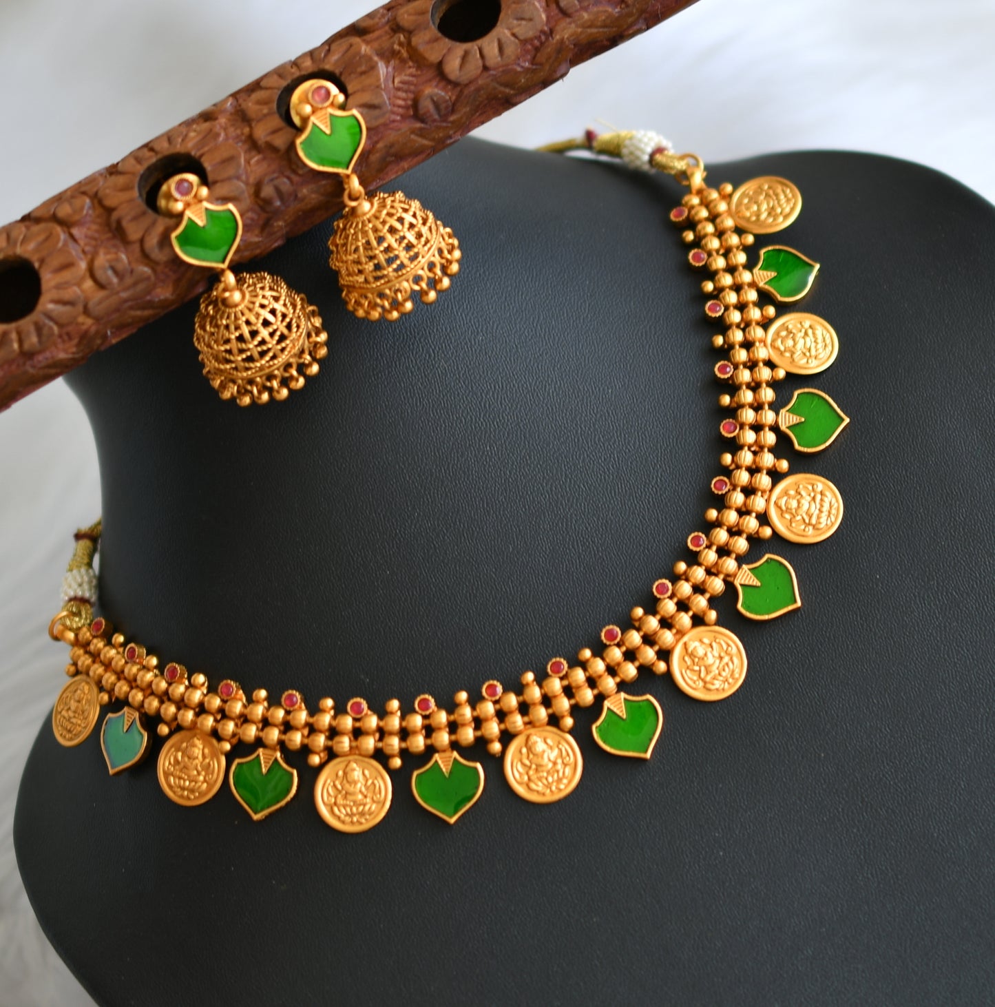 Matte finish red-green palakka Lakshmi coin Kerala style necklace set dj-41609