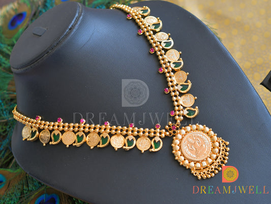 Gold tone Pink-Green mango Lakshmi coin Kerala style necklace dj-36494