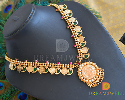 Gold tone Pink-Green mango Lakshmi coin Kerala style necklace dj-36494