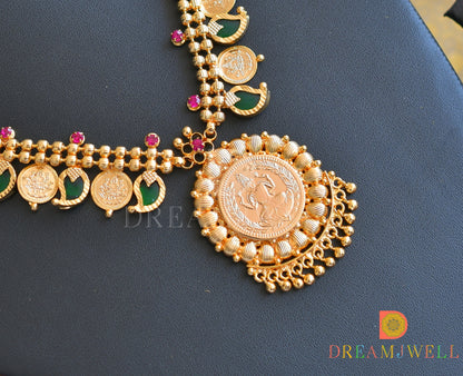 Gold tone Pink-Green mango Lakshmi coin Kerala style necklace dj-36494