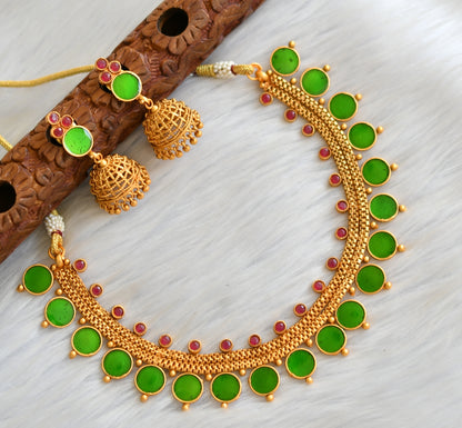 Matte finish red-green round Kerala style necklace set dj-41600