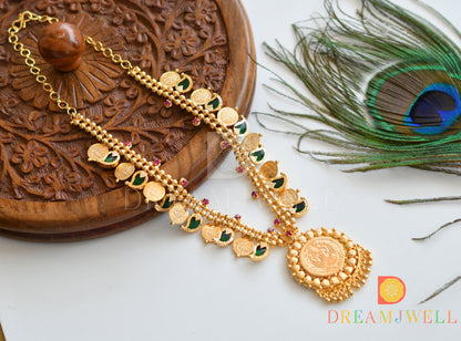 Gold tone Pink-Green mango Lakshmi coin Kerala style necklace dj-36494