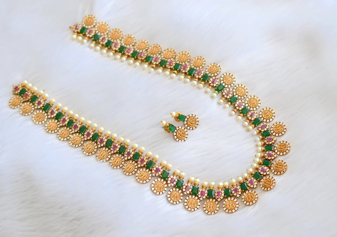 Matte finish cz ruby-green-white Ram parivar haar set dj-32498