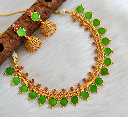 Matte finish red-green round Kerala style necklace set dj-41600