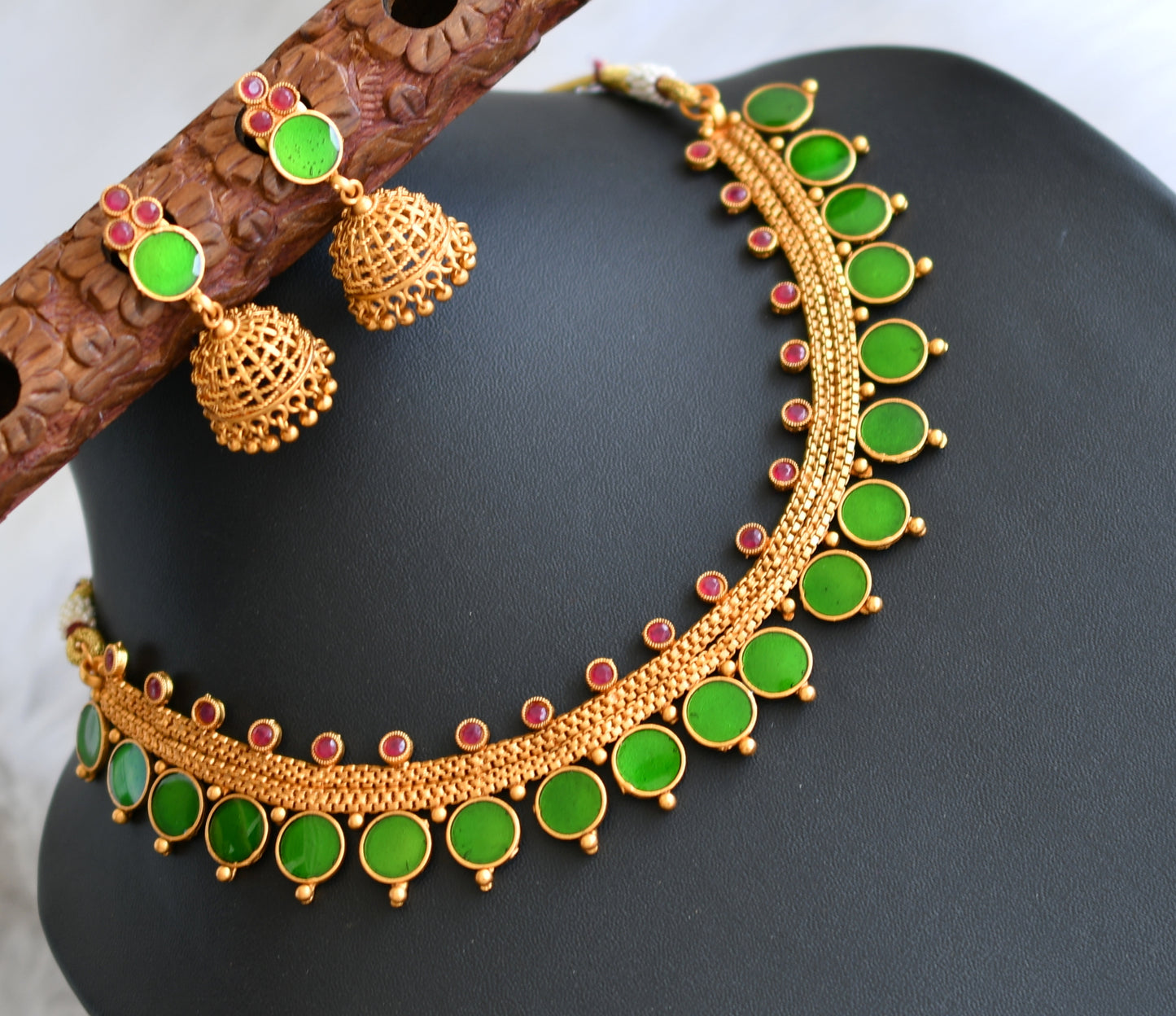 Matte finish red-green round Kerala style necklace set dj-41600