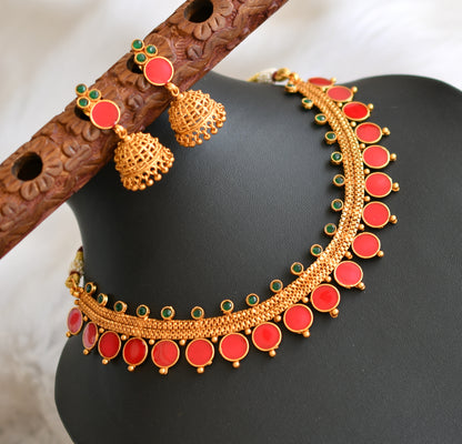 Matte finish green-red round Kerala style necklace set dj-41601