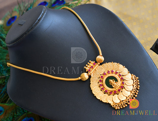 Gold tone round green-pink Lakshmi coin Kerala style Necklace dj-36488