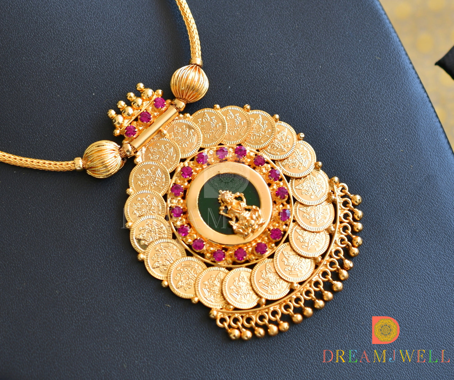 Gold tone round green-pink Lakshmi coin Kerala style Necklace dj-36488