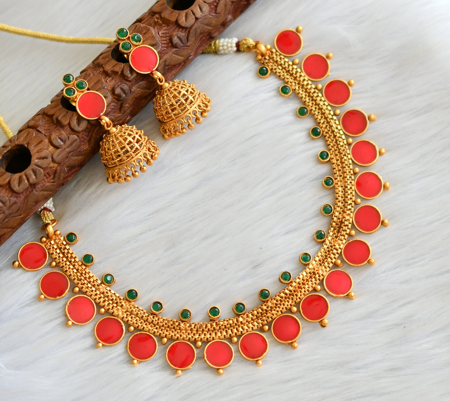 Matte finish green-red round Kerala style necklace set dj-41601