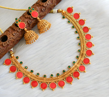 Matte finish green-red round Kerala style necklace set dj-41601