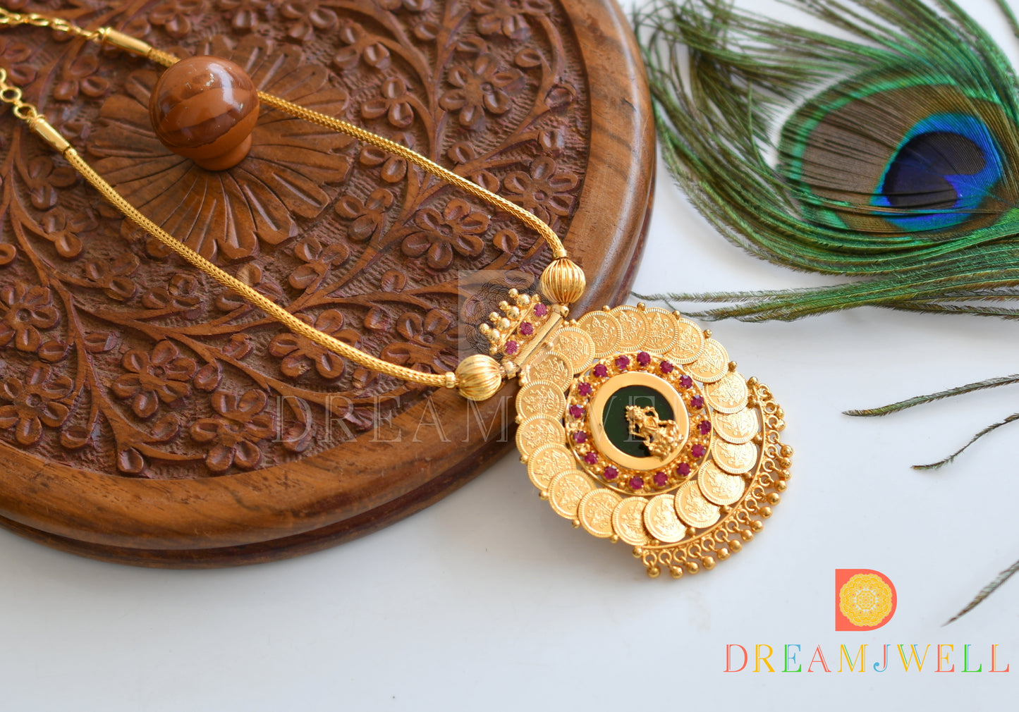 Gold tone round green-pink Lakshmi coin Kerala style Necklace dj-36488