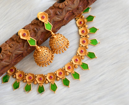 Matte finish flower red-green nagapadam Kerala style necklace set dj-41587