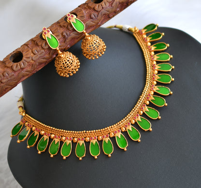 Matte finish red stone green nagapadam Kerala style necklace set dj-41580