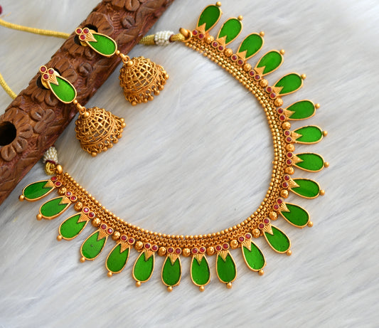 Matte finish red stone green nagapadam Kerala style necklace set dj-41580