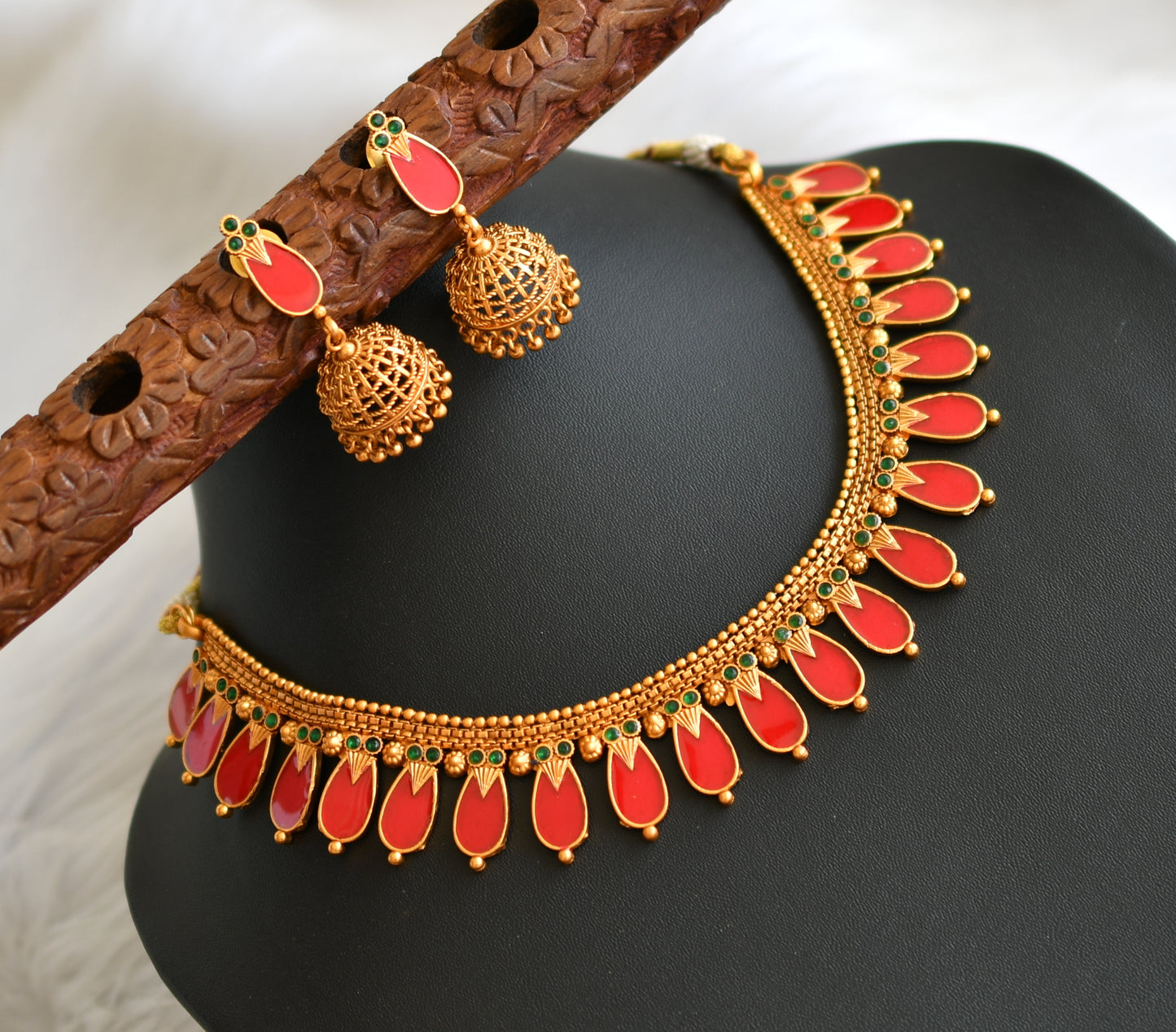 Matte finish red stone nagapadam Kerala style necklace set dj-41581