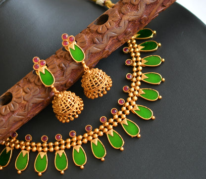 Matte finish red-green nagapadam Kerala style necklace set dj-41585