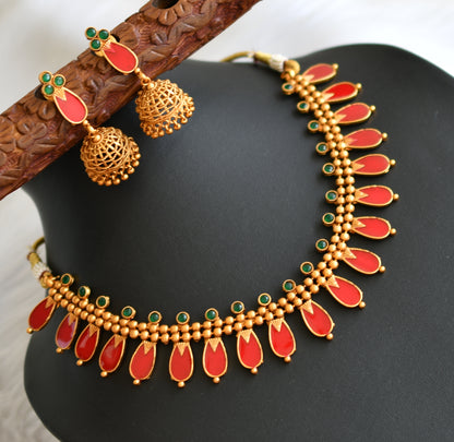 Matte finish green-red nagapadam Kerala style necklace set dj-41583