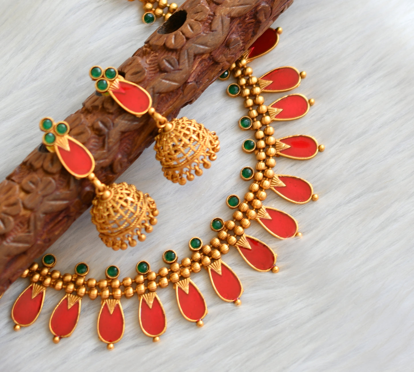 Matte finish green-red nagapadam Kerala style necklace set dj-41583