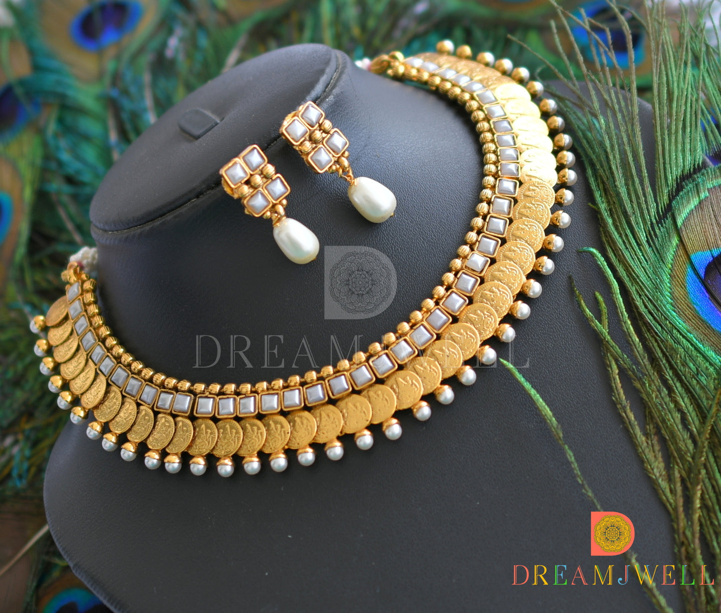 Antique gold designer pearl Lakshmi coin necklace set  dj-16794