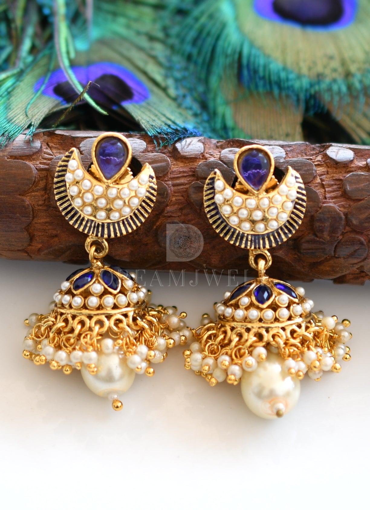 Antique pearl cluster blue moon shape jhumkka pendant set dj-15181