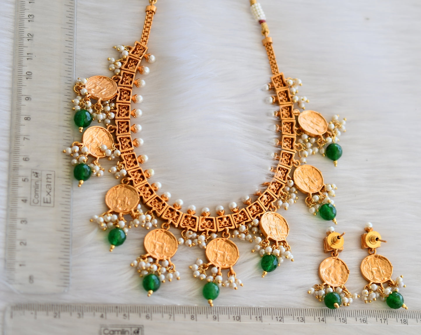 Matte finish ruby-green round Ram parivar Necklace set dj-31556