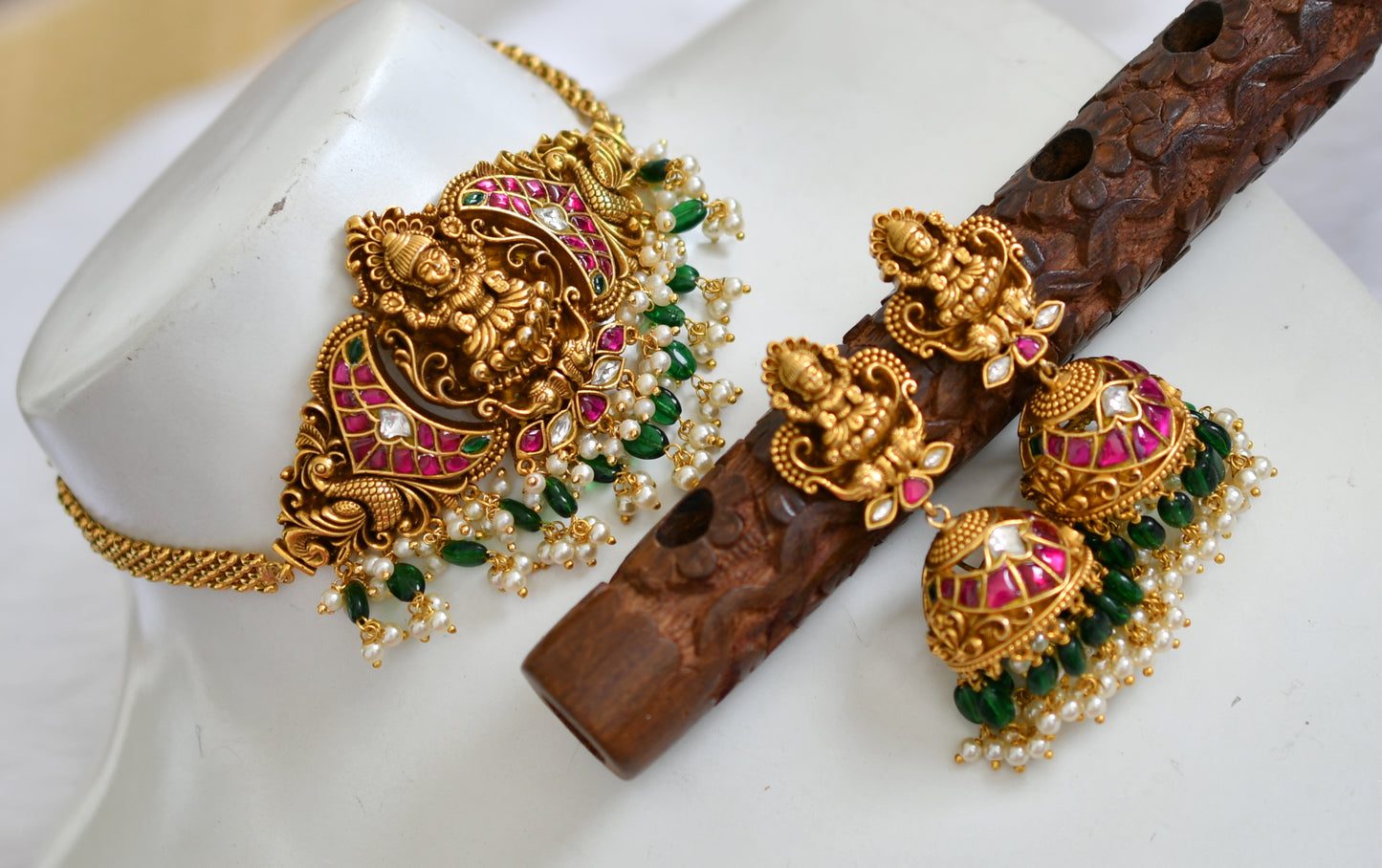 Matte finish pink-green-white kundan jadau Lakshmi peacock choker necklace set dj-38925