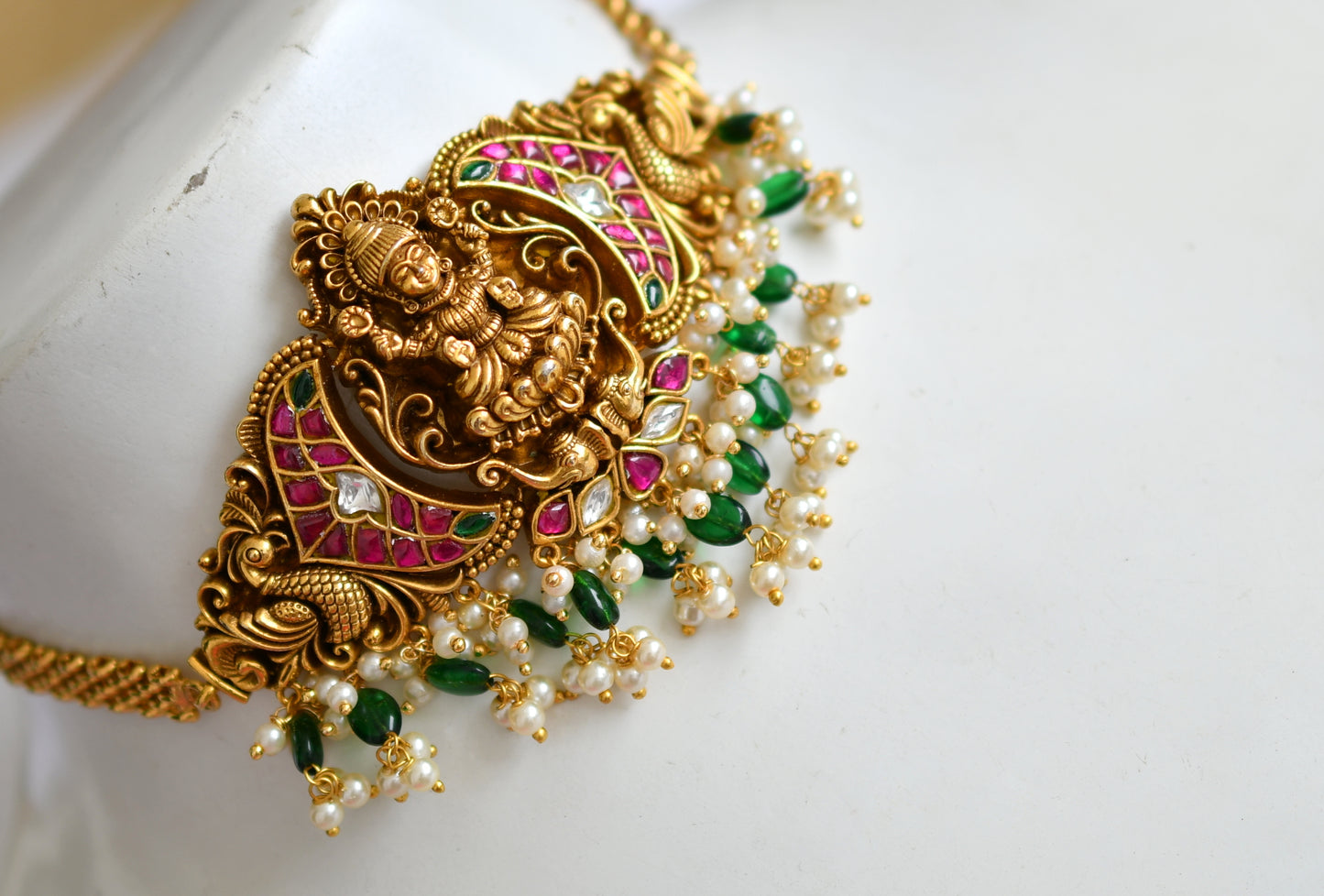 Matte finish pink-green-white kundan jadau Lakshmi peacock choker necklace set dj-38925