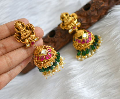 Matte finish pink-green-white kundan jadau Lakshmi peacock choker necklace set dj-38925