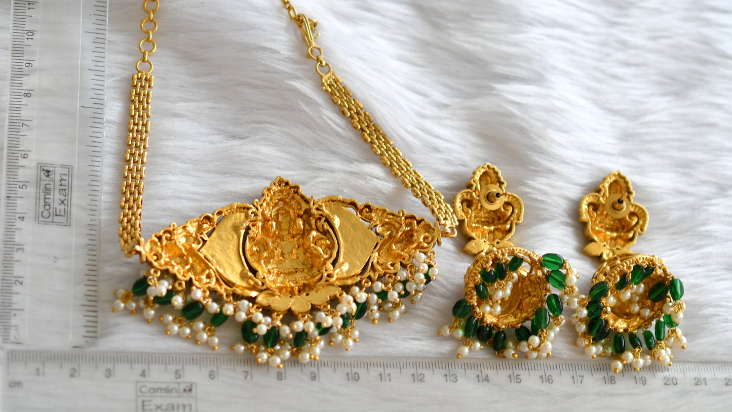 Matte finish pink-green-white kundan jadau Lakshmi peacock choker necklace set dj-38925