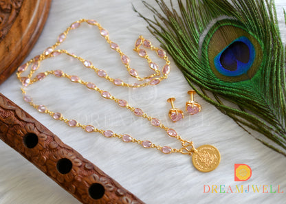 Gold tone baby pink stone chain Lakshmi coin pendant with pair of earrings dj-38061